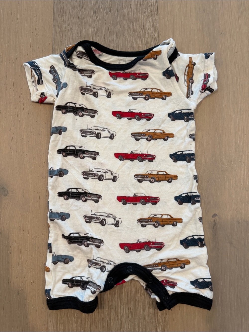 Classic Cars Cotton Baby One-Piece - White with Red, Blue, Black & Brown Cars